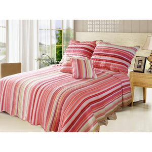 Lovely Stunning Stripes Red & Pink Reversible Quilted Coverlet Bedspread Set (DXJ101824)