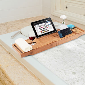 High Quality Natural Bamboo Premium Luxury Bathtub Extendable Waterproof Sides Caddy Tray with Soap Dish Multipurpose Bath Tray