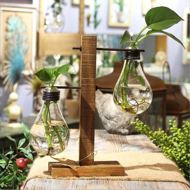 Wood and Glass Tabletop Plant Vase